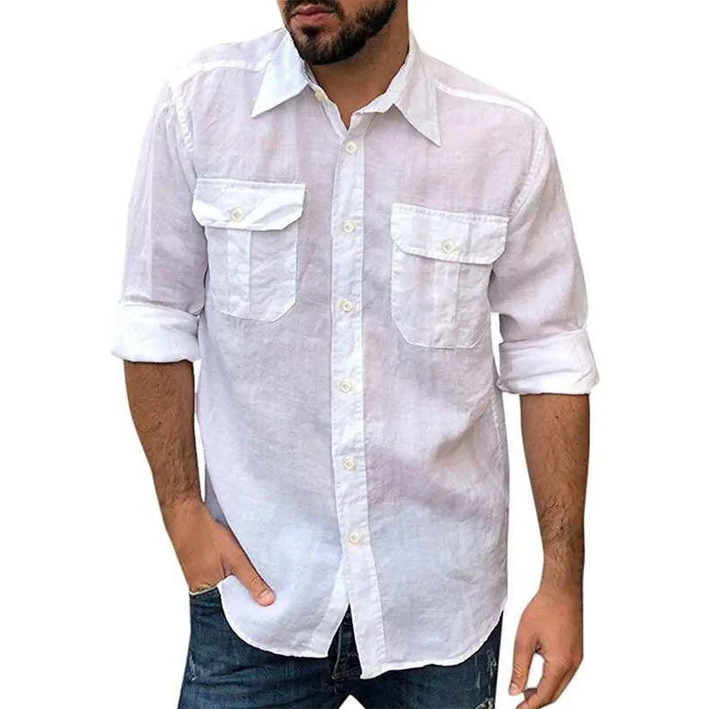 Cotton Linen Men's Classic Shirt Double Pocket Long Sleeve Casual Tops Lapel Solid Color Lightweight  Shirt Trendy Male Clothing