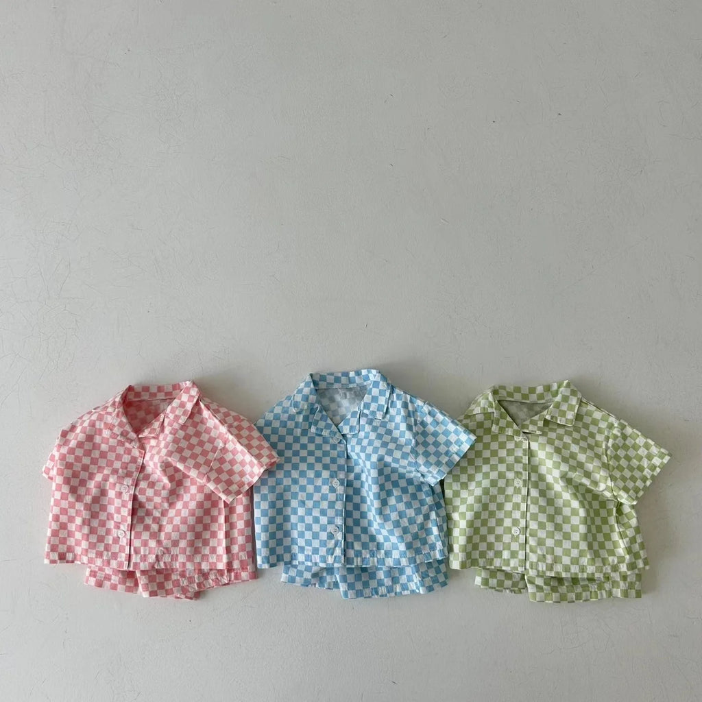 2025 Korean Summer Toddler Boy Clothes Set Cotton Solid Turn-down Collar Shirt Suit Plaid Elastic Waist Shorts Infant Boy Outfit