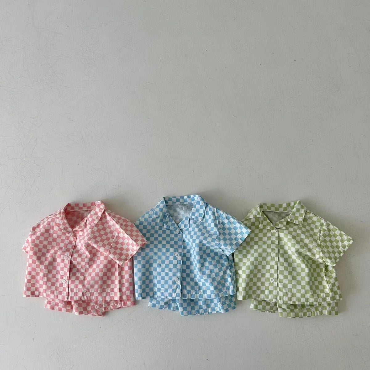 2025 Korean Summer Toddler Boy Clothes Set Cotton Solid Turn-down Collar Shirt Suit Plaid Elastic Waist Shorts Infant Boy Outfit