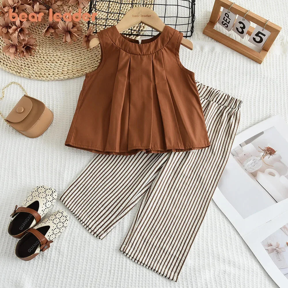 Bear Leader Khaki Vest+Striped Wide Leg Pants Summer Two-piece Set Daily Simple Sleeveless Children's Clothing for 3-7 Years Old
