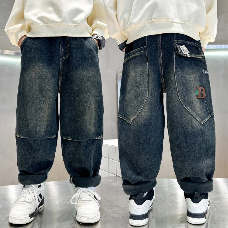 Cowboy Autumn Winter Big Boy Thermal Jeans High Street Denim Pants Kids Retro Blue Warm Baggy Insulated Jeans Trousers For Kids