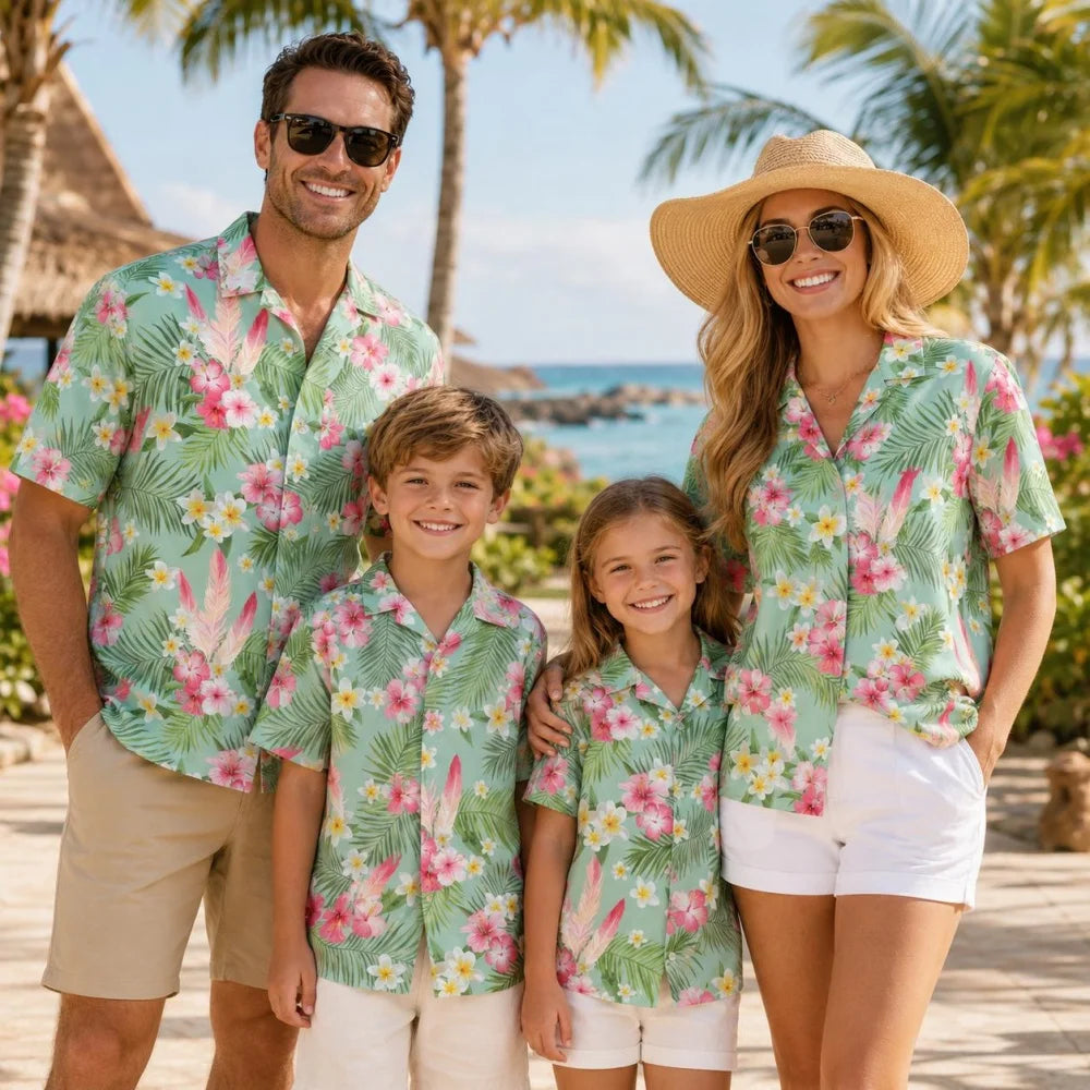 Family Matching Flamingo Hawaiian Shirts Hawaii Beach Floral Matching Outfits Mom Dad Kids Gift for Summer Vacation T-Shirt Tops