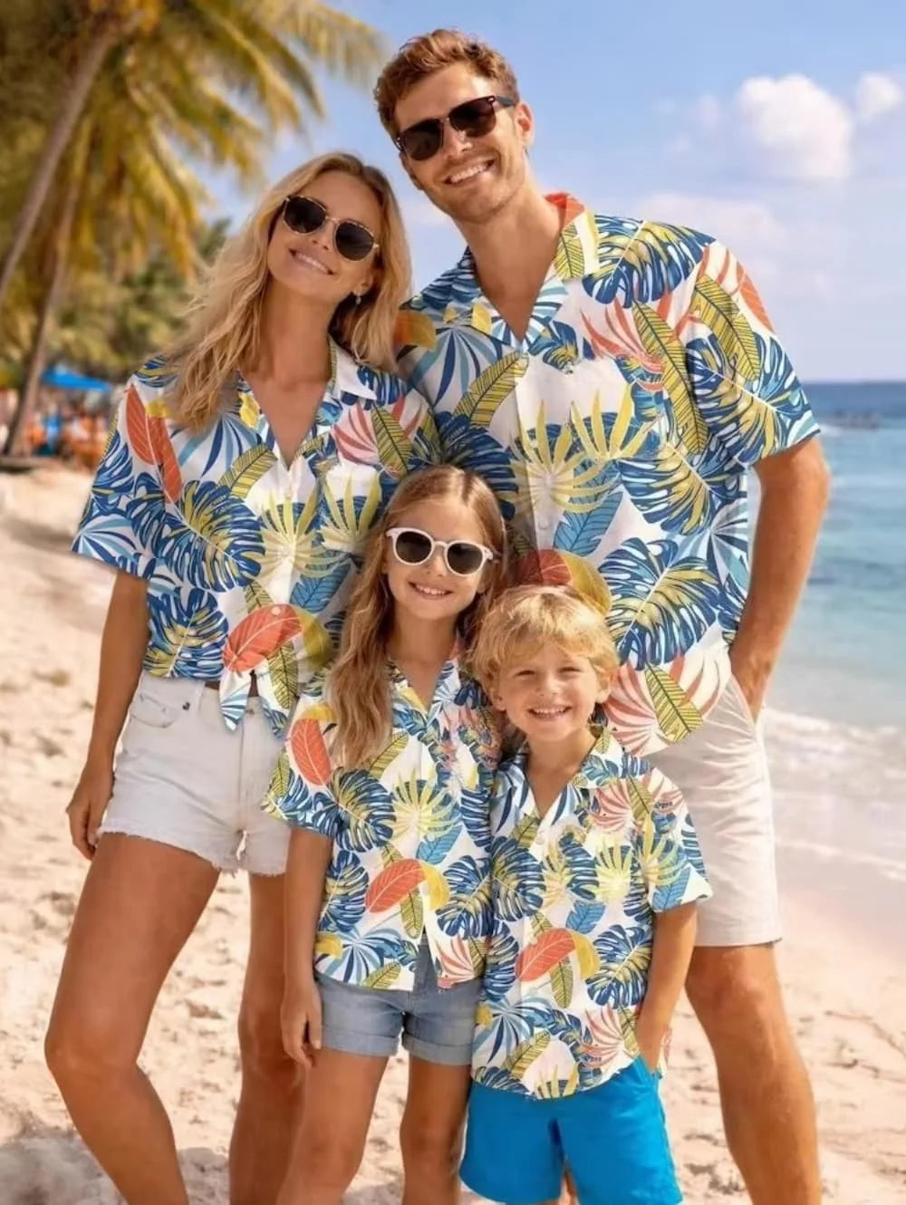 Hawaiian Children's Shirt Plant Flower Pattern Print Family Dress Blue Green Vacation Beach Parent Child Shirt Men's Sports Top