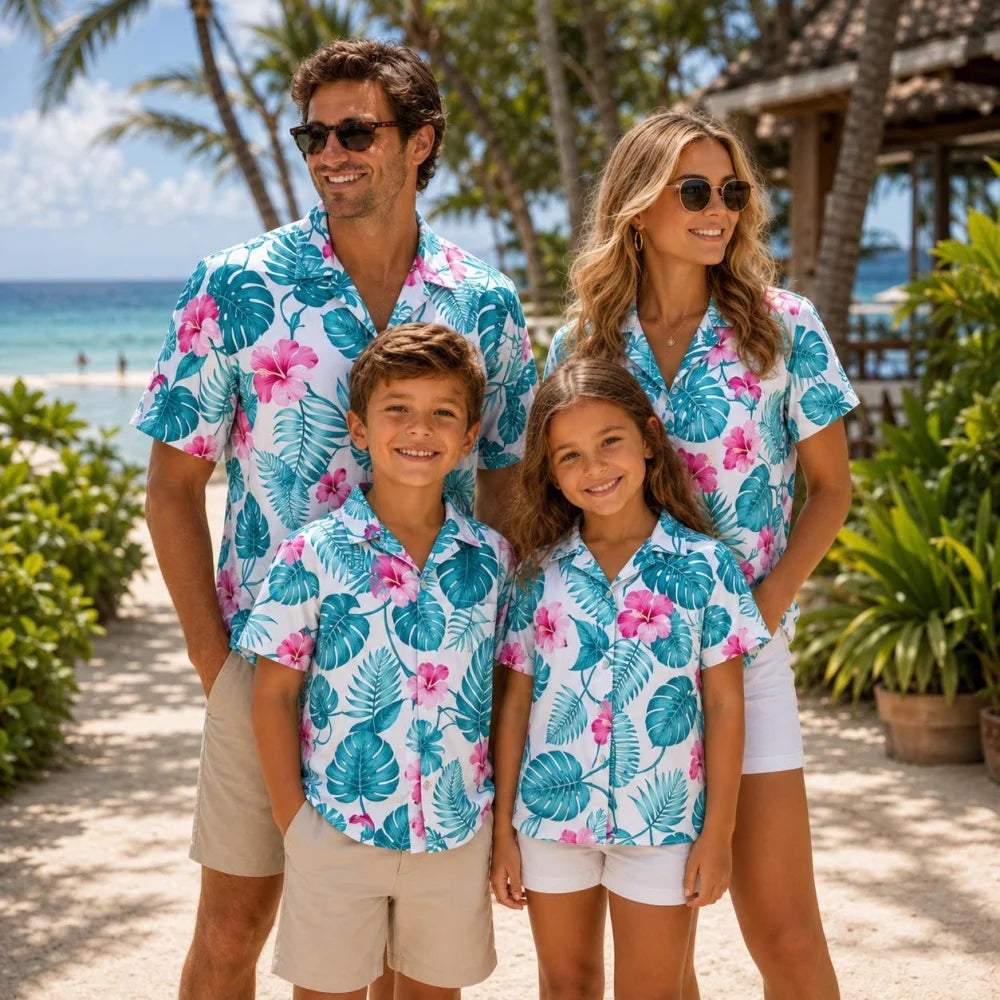 Family Matching Flamingo Hawaiian Shirts Hawaii Beach Floral Matching Outfits Mom Dad Kids Gift for Summer Vacation T-Shirt Tops