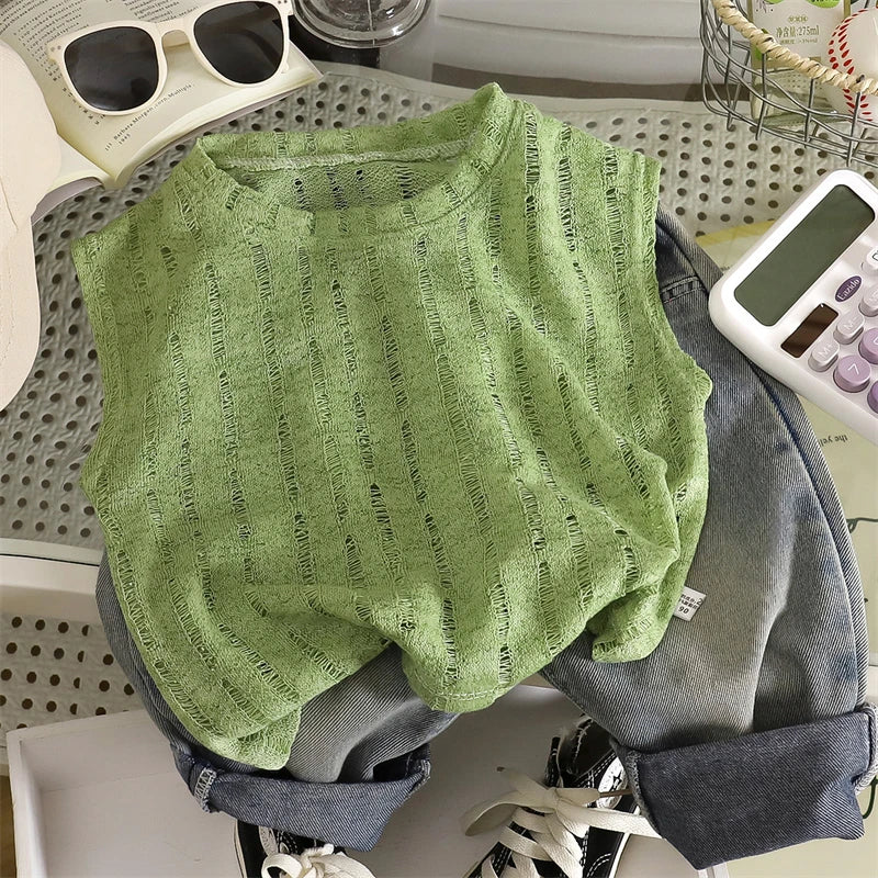Summer Boys T-shirts Tops For Kids Baby Hollow Knit Vest Tees Children's Clothing Casual Solid Color Breathable Sleeveless Tops