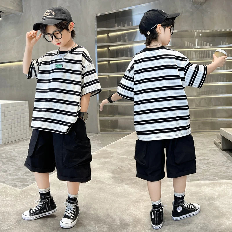 Children 2026 New Summer Striped Clothing Set Top And Bottom Suit for Tween Boys Casual Tracksuit Tshirt Shorts Kids Clothes Set