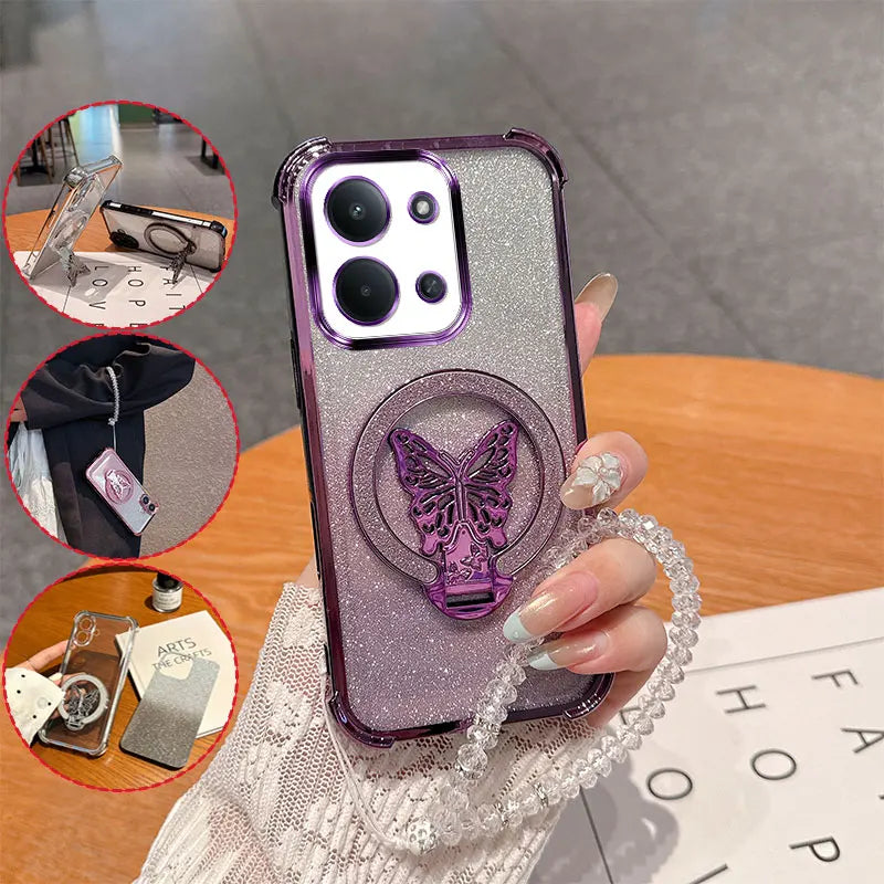 Shockproof Anti-drop Phone Case For Redmi 15C 171mm 173mm Poco C85 15R Glitter Butterfly Stand With Crystal Lanyard Back Cover