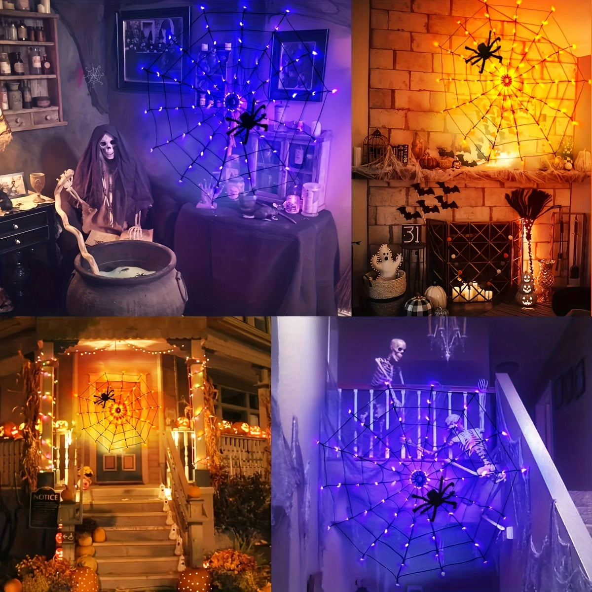 Halloween Remote Control Spider Web LED Lights 70LED Battery Hanging Light For Ghost Festival Party Home Holiday Wall Decor Lamp