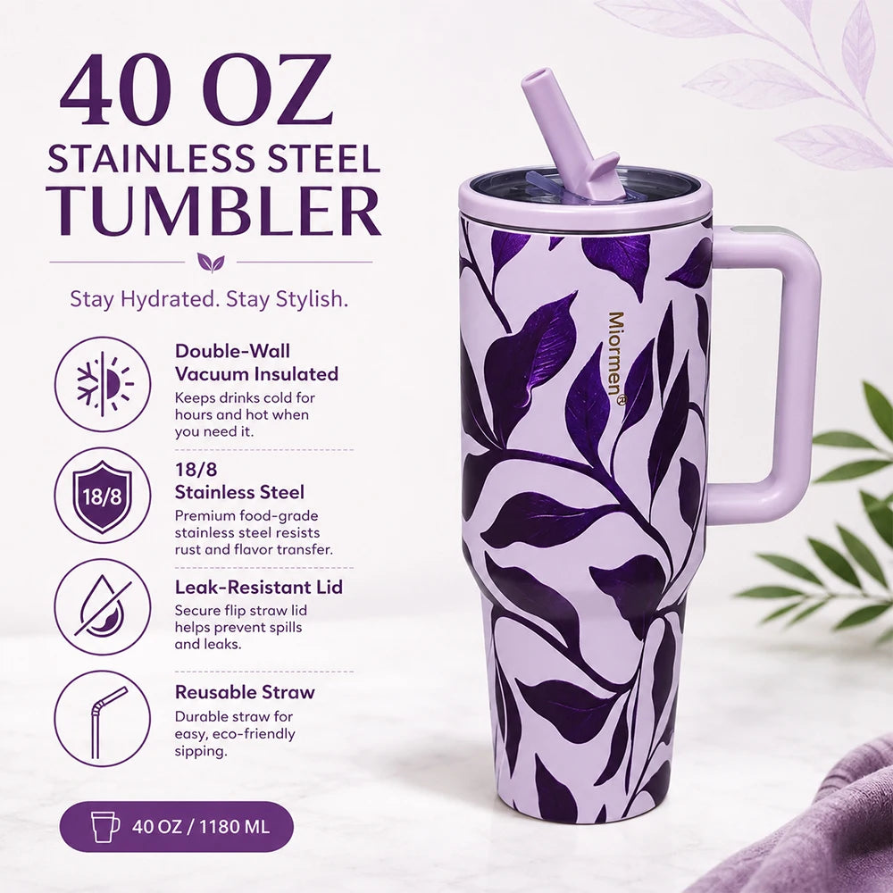 40OZ Floral Print Stainless Steel Tumbler with Handle Straw Lid Vacuum Insulated Travel Mug for Car Water Cup Keep Hot and Cold
