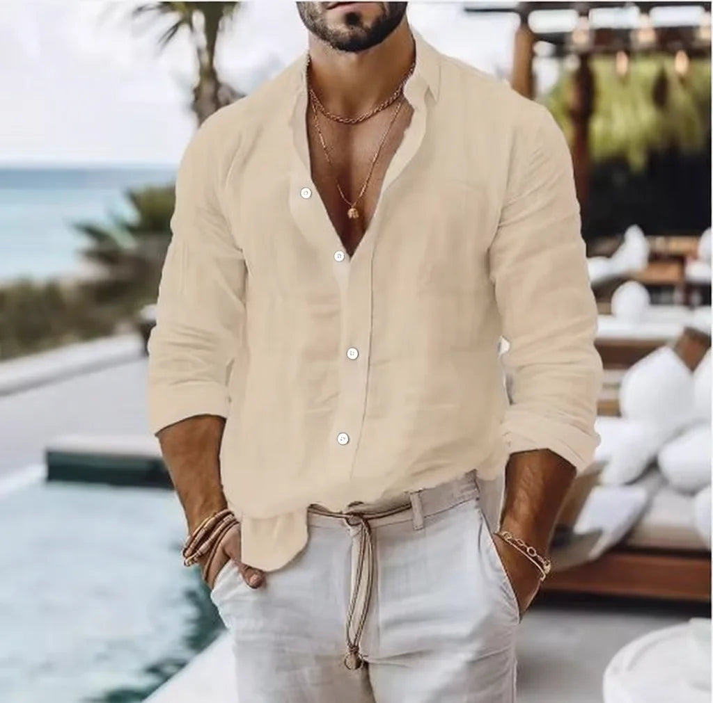 Cotton  Shirt for Men Summer Beach Style Solid Color Single Breasted Breathable Shirts Lightweight Stylish Button Tops