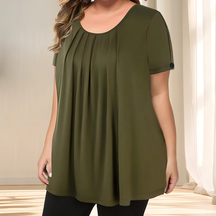 [Elegant Plus Size Blouse] Lightweight Polyester Women's Casual Crew Neck Short Sleeve Blouse, Plus Size | Solid Color, Subtle S