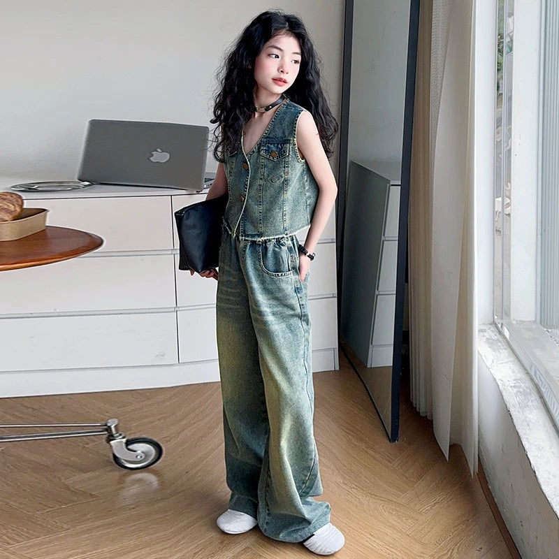 High Fashion Child Streetwear Jeans Set for Girls Casual Denim 2 Pieces Suit Outfits Kids Trendy Y2K Hip Hop Street Clothing Set