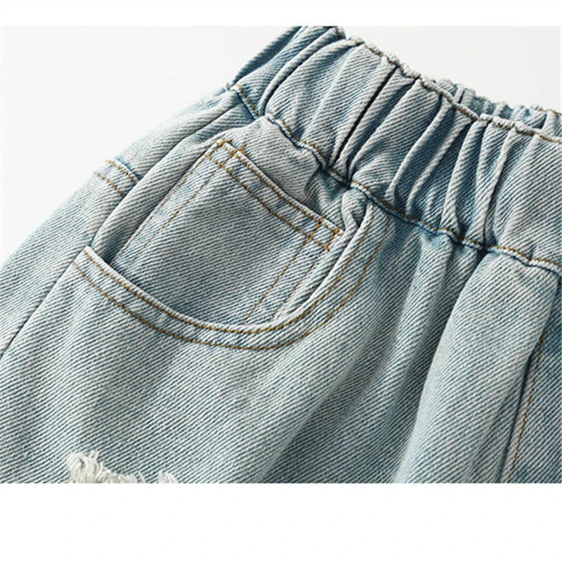 Brief Style Kids Girls Loose Straight Ripped Jeans with Holes For Teenager Child Casual Broken Light Blue Distressed Denim Pants
