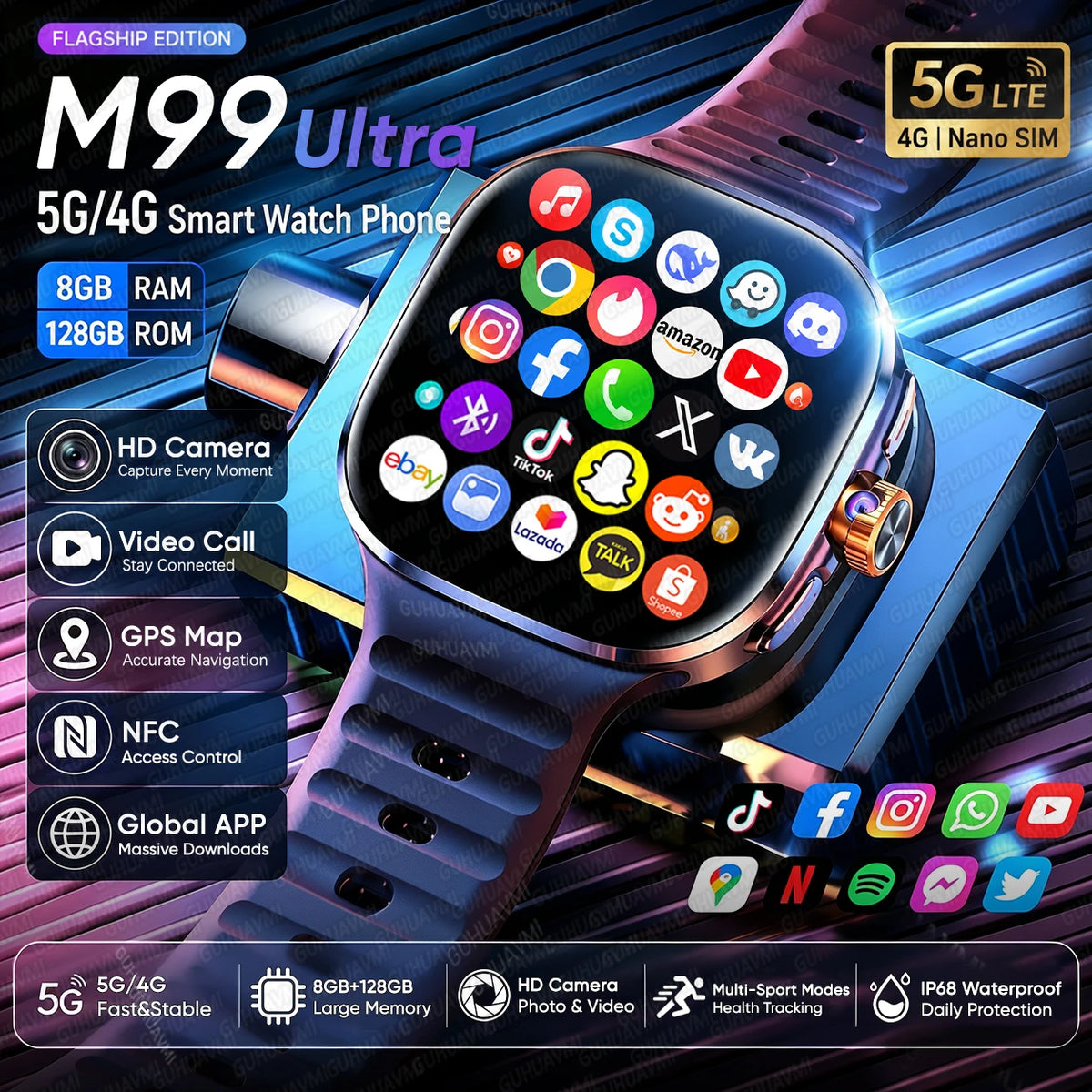5G/4G Full Network Android Smart Watch With 2.4" AMOLED Display Independent Calling Camera GPS Wifi Bluetooth Sports Phone Watch