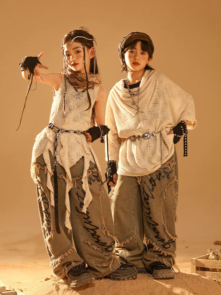 Kids Juvenile Hip Hop Jazz Gothic Stage Fashion Show Clothing Children Dystopia-core Ripped T-shirt Denim Baggy Jeans Pant Sets