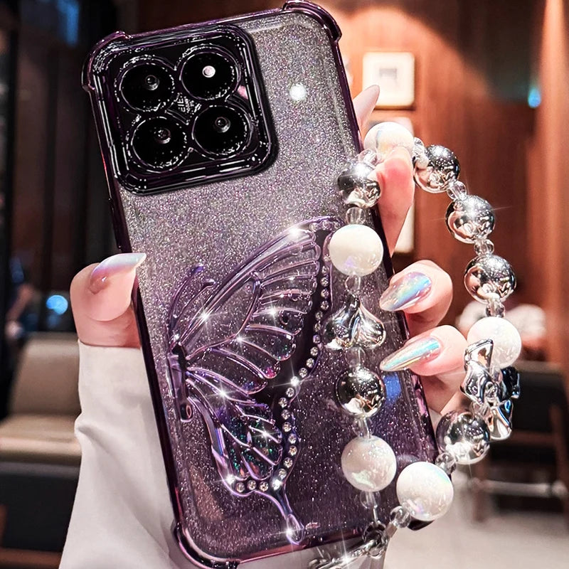 Shockproof Glitter Butterfly Bracket Bracelet Case for Xiaomi Redmi 15 15C 14C 13X 13C POCO C85 C75 X7 F7 Note 14 Pro Soft Cover