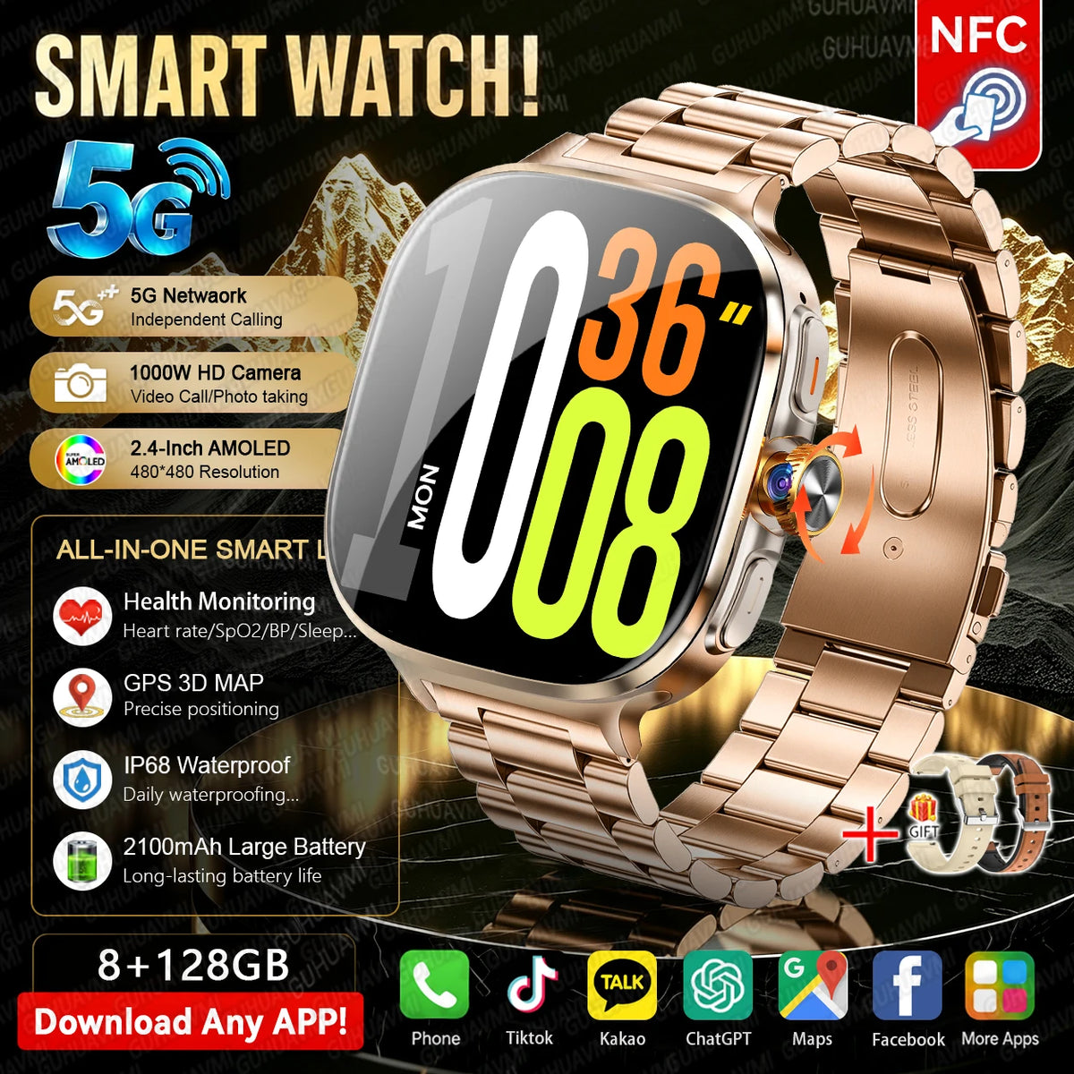 5G/4G Full Network Android Smart Watch With 2.4" AMOLED Display Independent Calling Camera GPS Wifi Bluetooth Sports Phone Watch