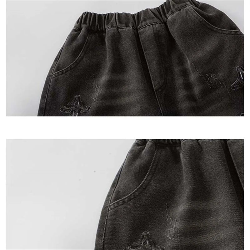 2025 Summer New Arrival Fashion Boys Denim Shorts with Star Pattern Children's Casual Cropped Jeans Pants Kids 5-14 Years Old