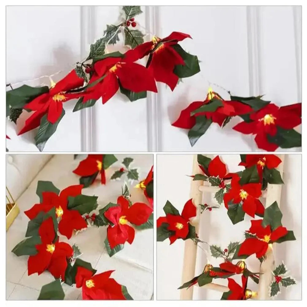 Christmas Garland With Led Lights Artificial Flower Xmas String Lights for Fireplace Winter Xmas Tree Table Decor
