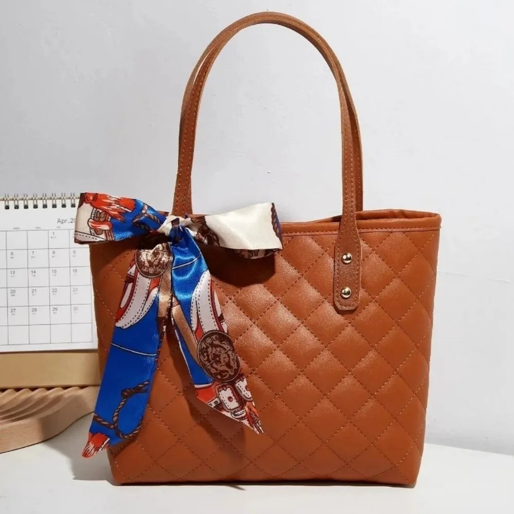 Simple Large Capacity Embroidery Bag with Scarf PU Shoulder Bags Tote Bag Bucket Bag For Women