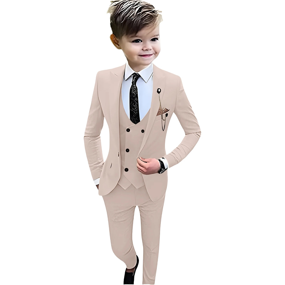 Beige Boy's Formal Suit Set, 4 Pieces Regular Fit Kids Smart Prom Suits, Jacket Vest Pants Tie Classy Solid Tuxedo For Wedding