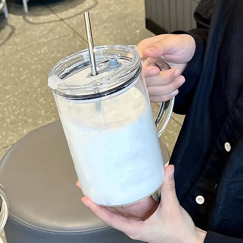 1000ml Large Capacity Glass Tumbler with Lid & Straw - Graduated Markings, Leakproof Design for Iced Coffee & Cold Beverages
