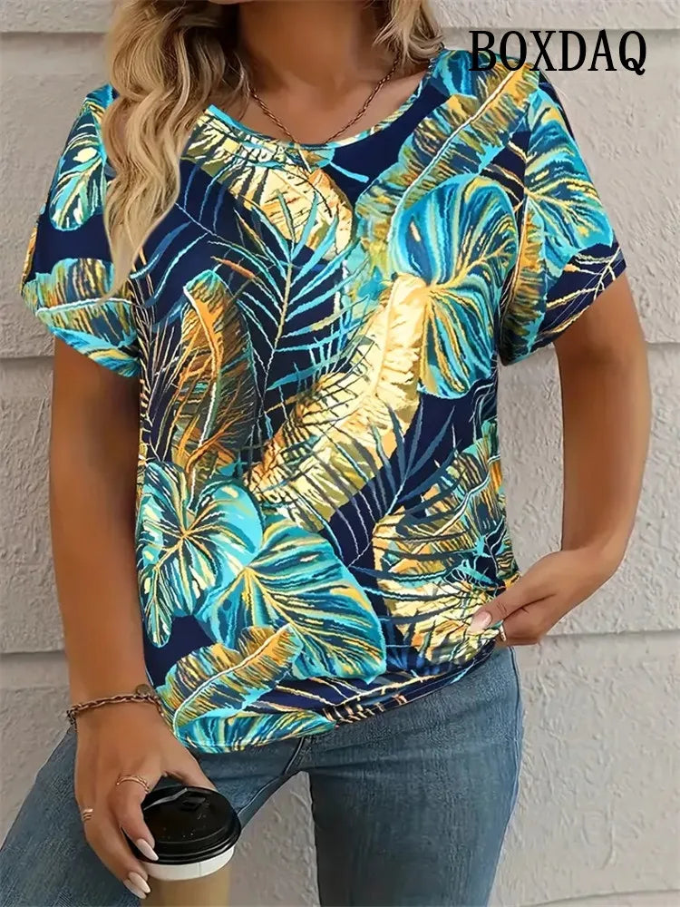 8XL Large Size T-Shirt Women Summer Casual Simple V-Neck Short-Sleeve Tee Shirt Vintage Floral 3D Print Loose Plus Size Tops 7XL