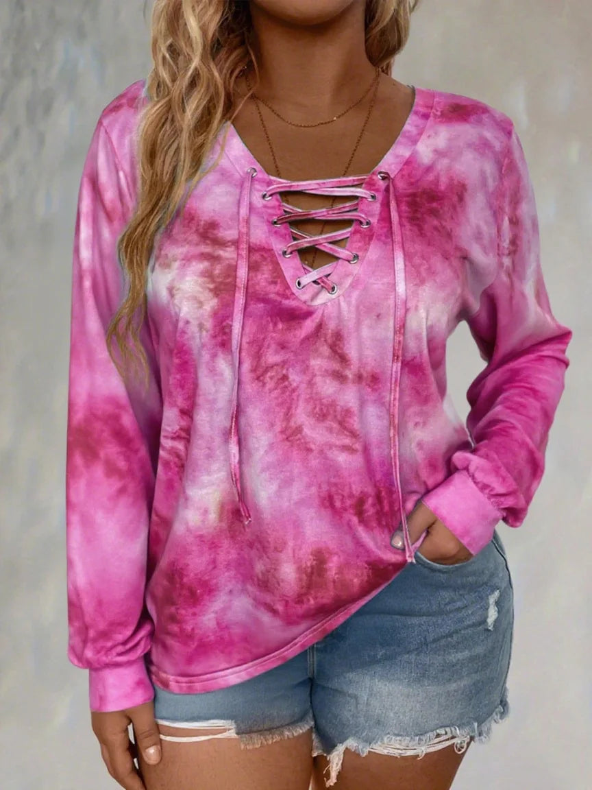 plus size women's tie dye printed long sleeved T-shirt made of polyester knitted fabric elegant lace up casual and comfortable