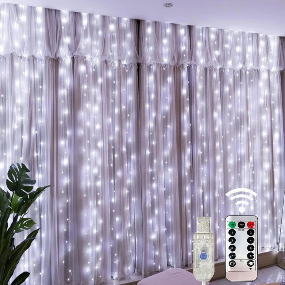 Christmas Lights LED Fairy String Curtain Lights 8 Mode Remote USB Festoon Christmas Decor For Home Holiday New Year Lamp