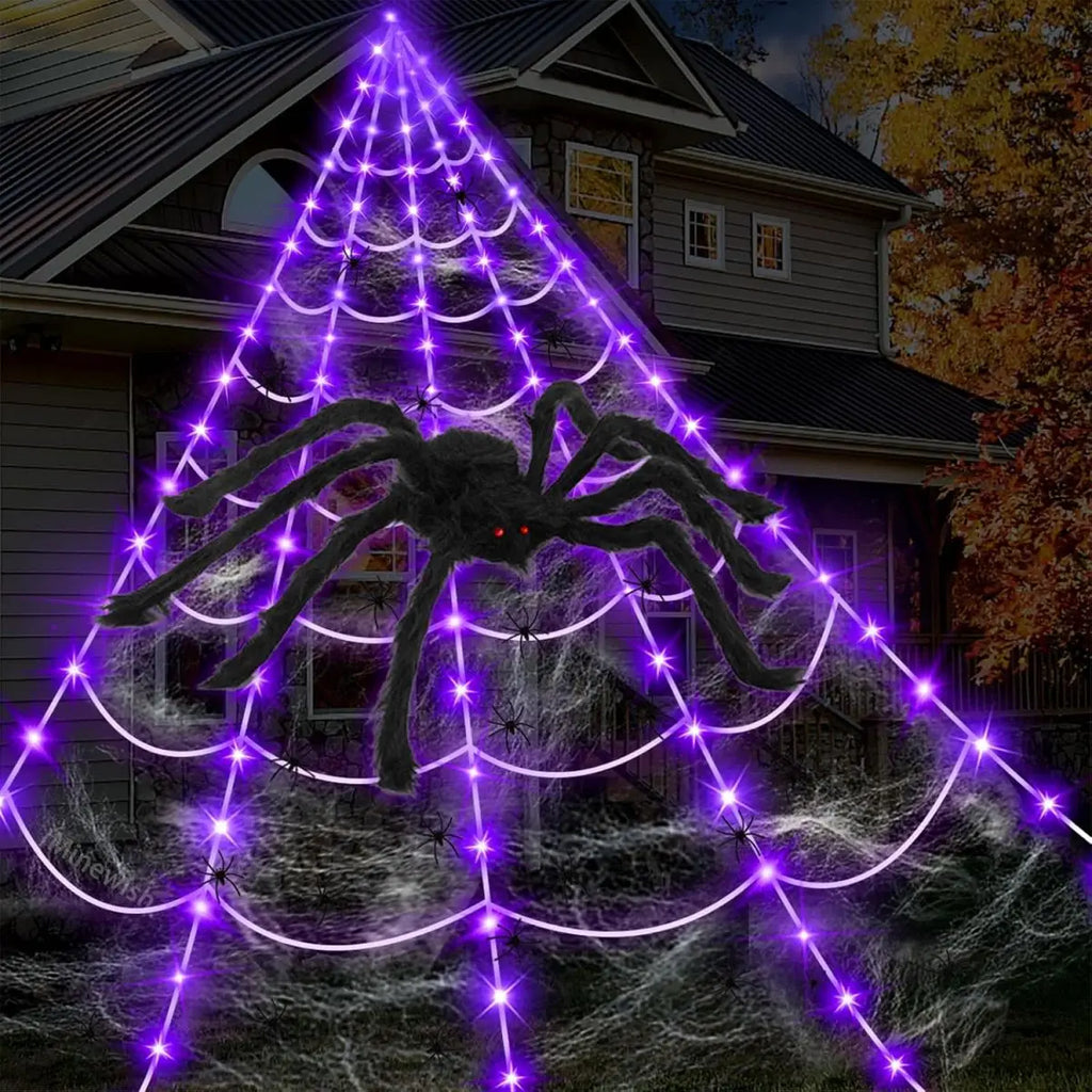 1pc Halloween Giant Spider Web Light With Big Spider Purple LED Battery Powered For Indoor Outdoor Yard Porch Garderd Home Decor