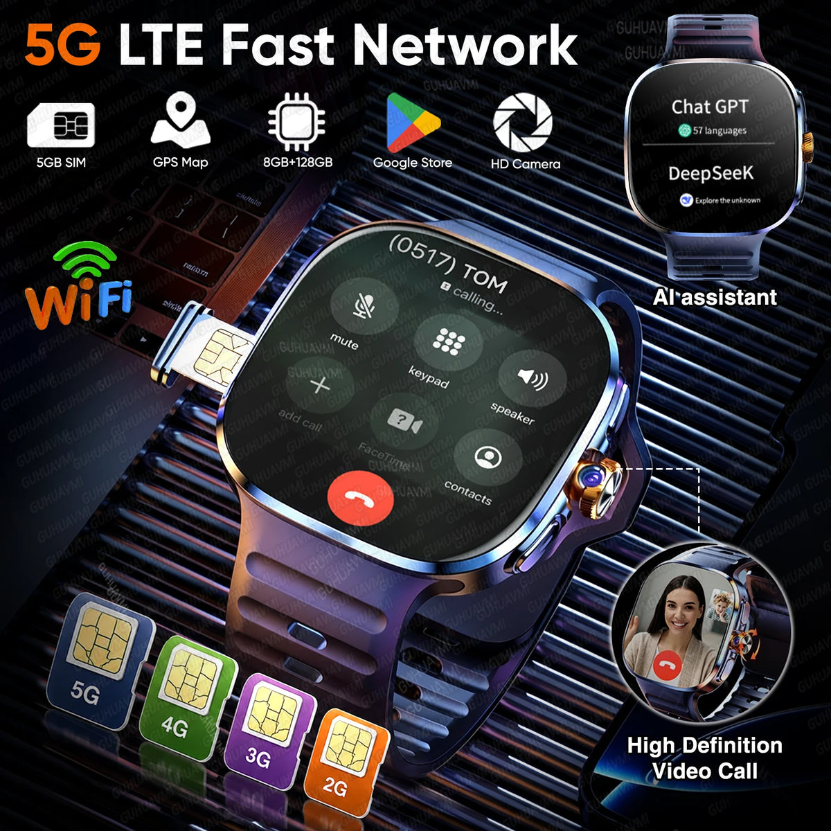 5G/4G Full Network Android Smart Watch With 2.4" AMOLED Display Independent Calling Camera GPS Wifi Bluetooth Sports Phone Watch