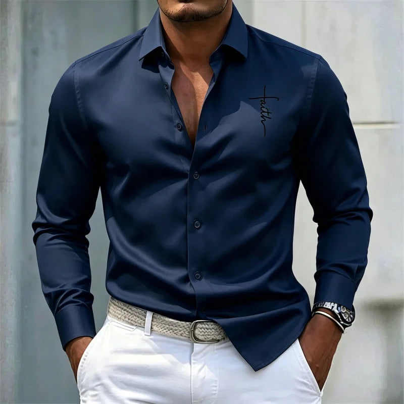 2026 new men's shirt solid color long sleeved shirt slim fit no iron business casual formal wear personalized letter printed top