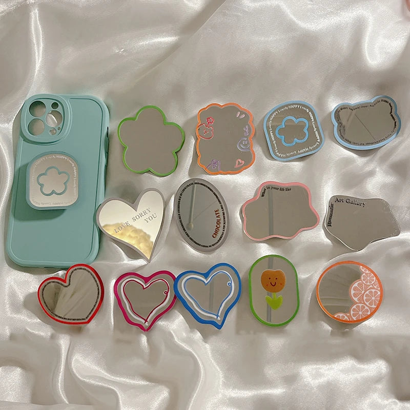 Fashion Love Heart Make Up Mirror Glossy Phone Bracket Tulip Flowers Foldable Phone Holder Cute Bear Universal Stand Holder
