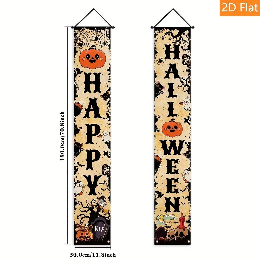 Halloween Door Banner Black Cat Pumpkin Tombstone Porch Sign Spooky Bat Tree Hanging Curtain Front Porch Horror Party Wall Decor