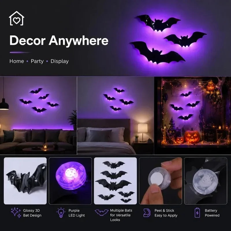 24/12pcs 3D Halloween LED Light Up Bat Glow in The Dark Self Adhesive PVC Wall Stickers Decoration Window Store Party Display