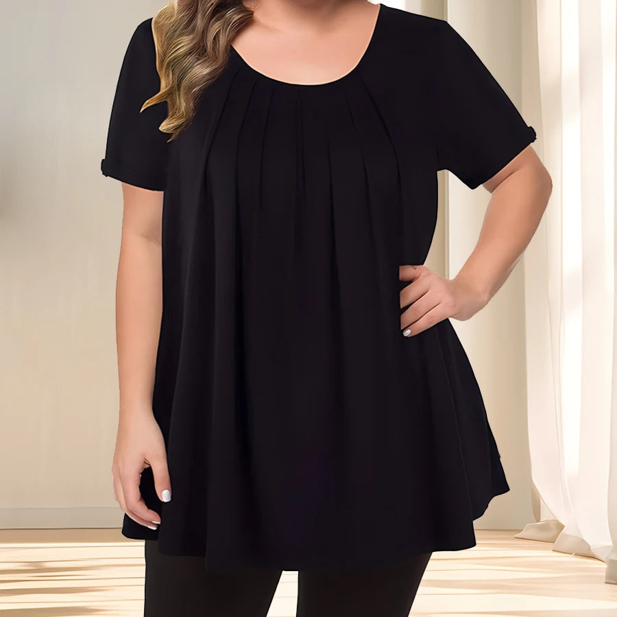 [Elegant Plus Size Blouse] Lightweight Polyester Women's Casual Crew Neck Short Sleeve Blouse, Plus Size | Solid Color, Subtle S
