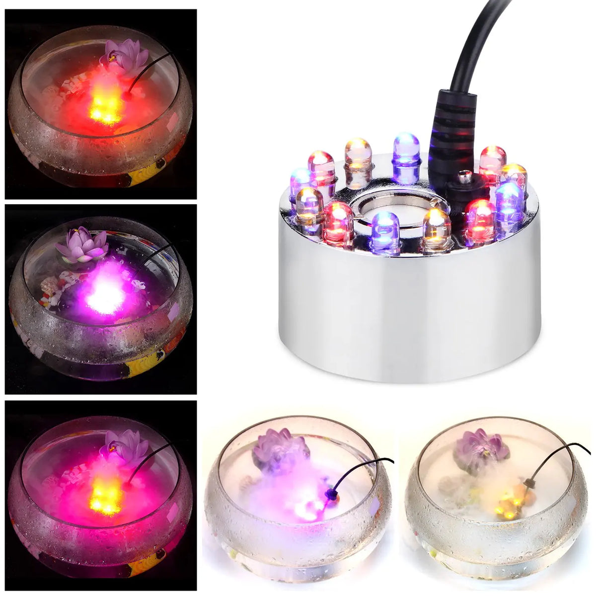 Fog Maker 12 Lights 16mm Mini LED Light Fogger Water Fountain Pond Fog Ultrasonic Atomizer for Party Halloween Pumpkin Christmas