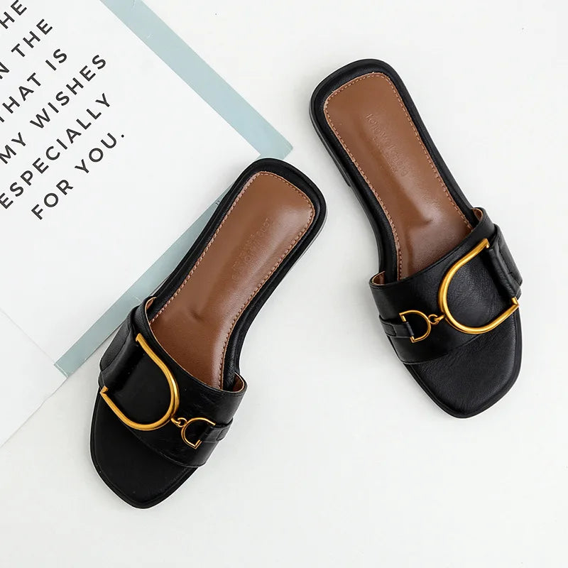 Women's Flat Slippers Summer Leather Square Toe Women Flats Flip Flops Designer Ladies Slides Sandals Women Shoes Luxury Sandals