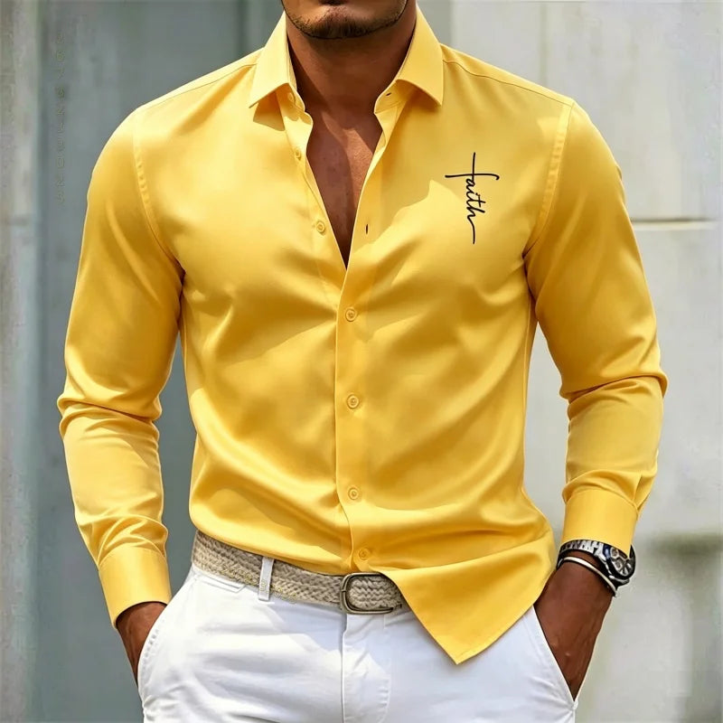 2026 new men's shirt solid color long sleeved shirt slim fit no iron business casual formal wear personalized letter printed top
