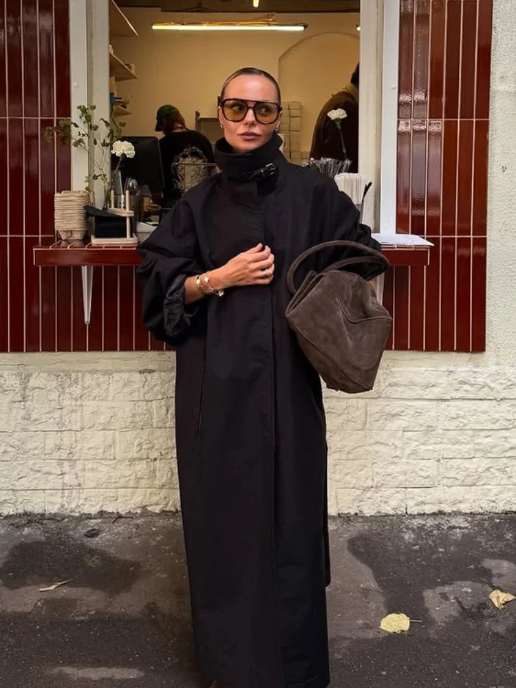 Black Stand Collar Trench Coat Women Casual Long Sleeve Single-breasted Loose Windbreaker Lady Autumn High Street Outwear 2026