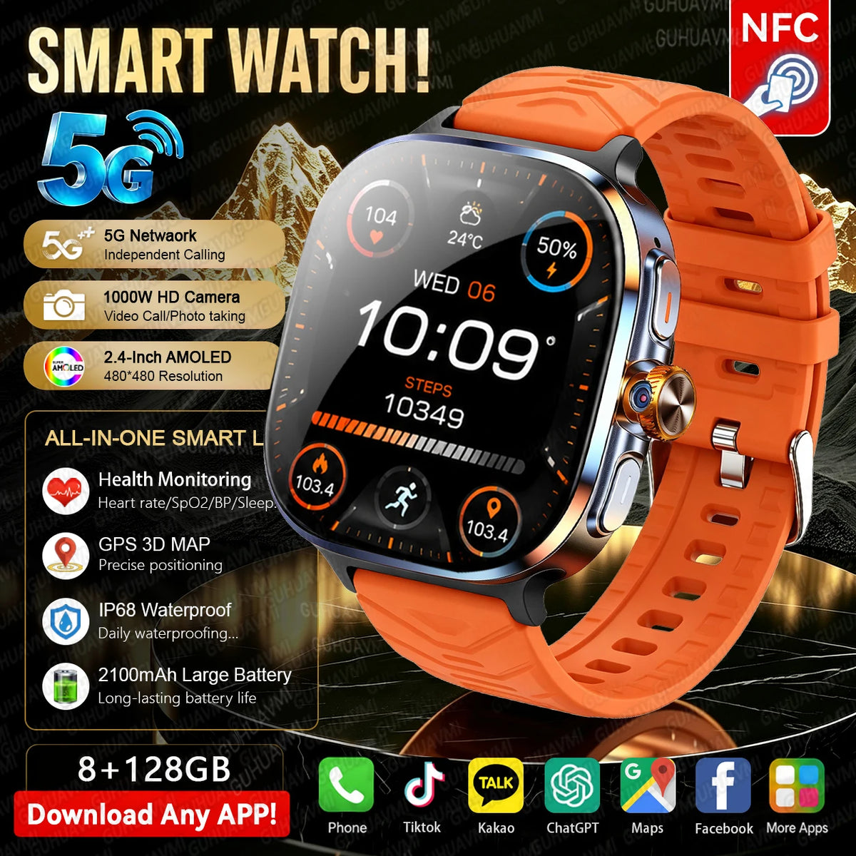 5G/4G Full Network Android Smart Watch With 2.4" AMOLED Display Independent Calling Camera GPS Wifi Bluetooth Sports Phone Watch