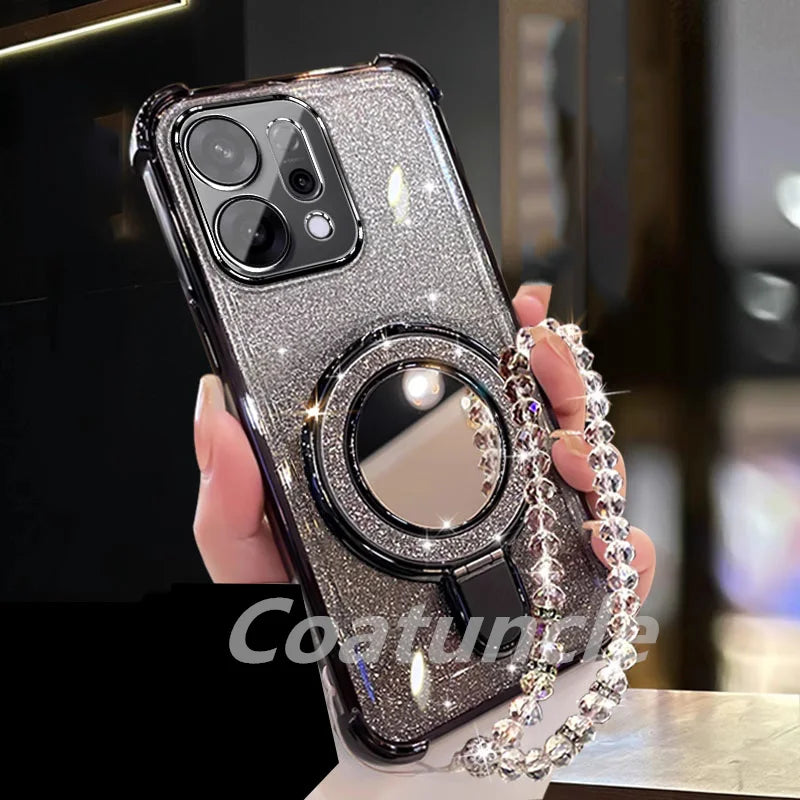 For Xiaomi Redmi 15C Note 15 Note 14 Pro Plus 14C POCO C85 5G Case Glitter Mirror Magnetic Bracket Phone Holder Bracelet Cover