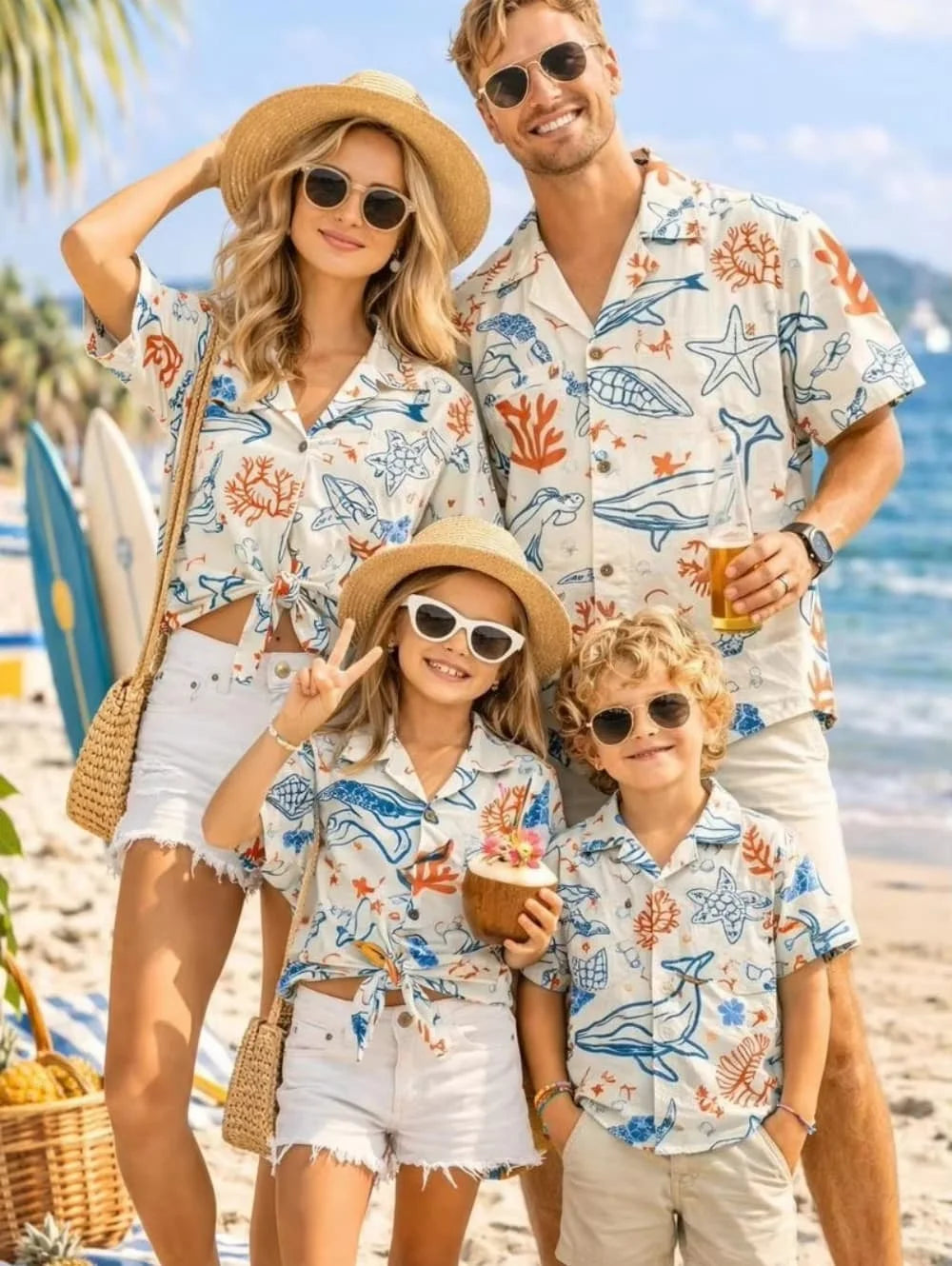 Hawaiian Children's Shirt Plant Flower Pattern Print Family Dress Blue Green Vacation Beach Parent Child Shirt Men's Sports Top