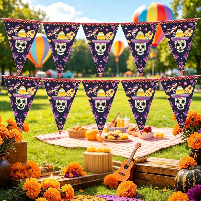 Day of the Dead Theme Triangle Bunting Mexican Ghost Festival Skull Pull Flower Decoration Coco Hanging Banner