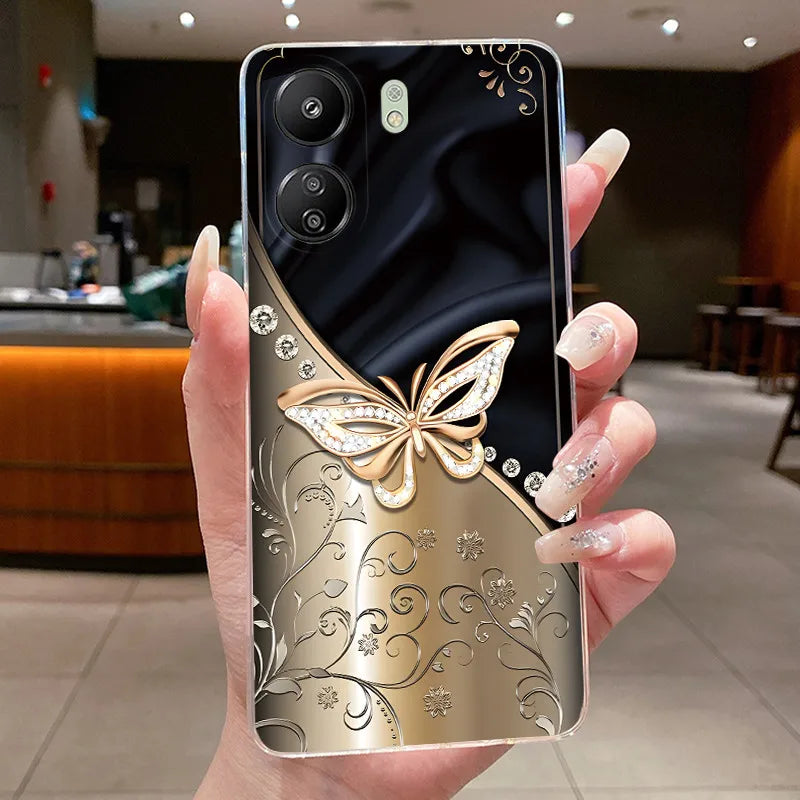 Case For Xiaomi Redmi 13C Poco C65 4G Capa Flower Butterfly Phone Casing Redmi13C Poco M6 5G Soft Silicone Transparent TPU Cover