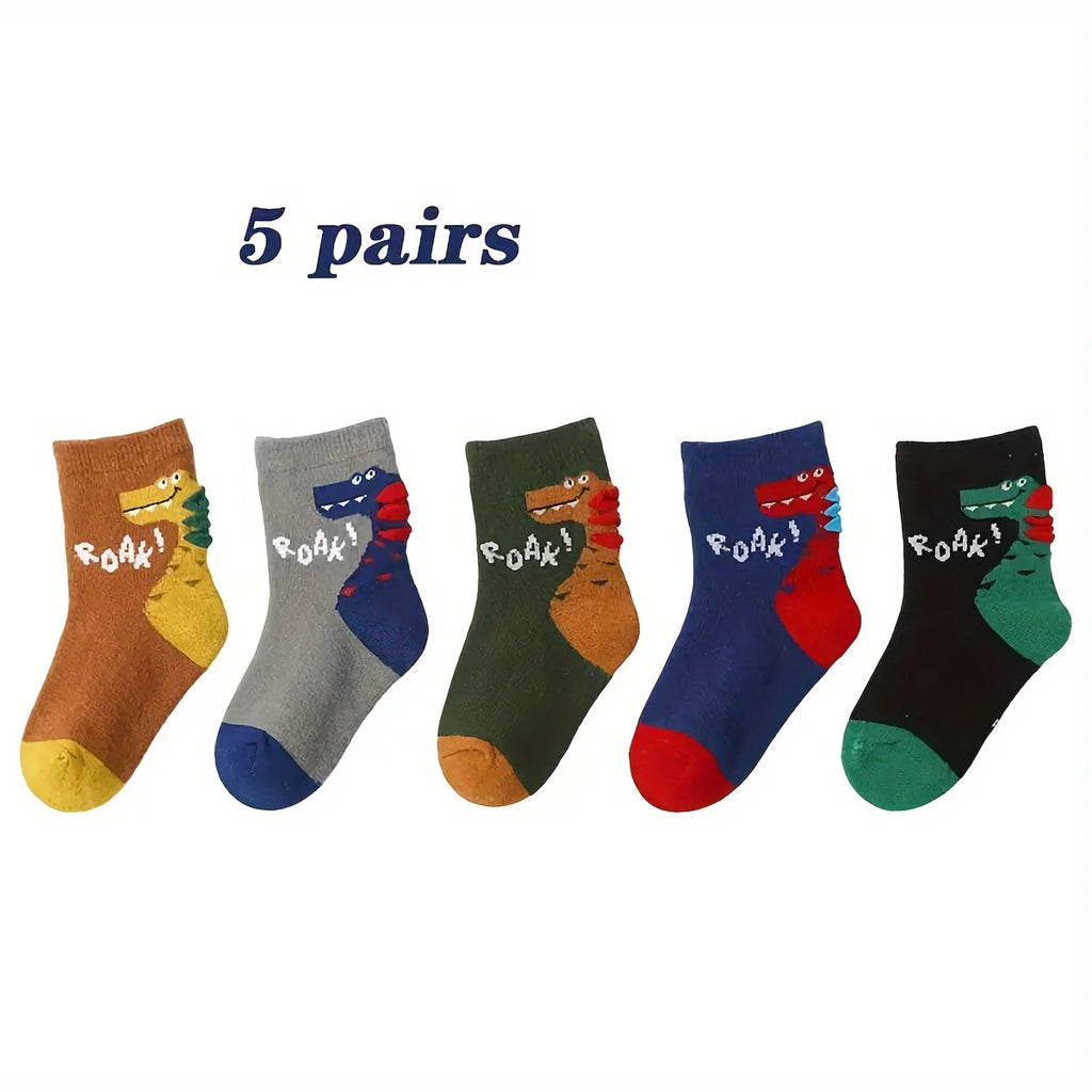 5 pairs of cute cartoon dinosaur patterned socks for boys and children, breathable, comfortable, high elasticity, sweat absorpti
