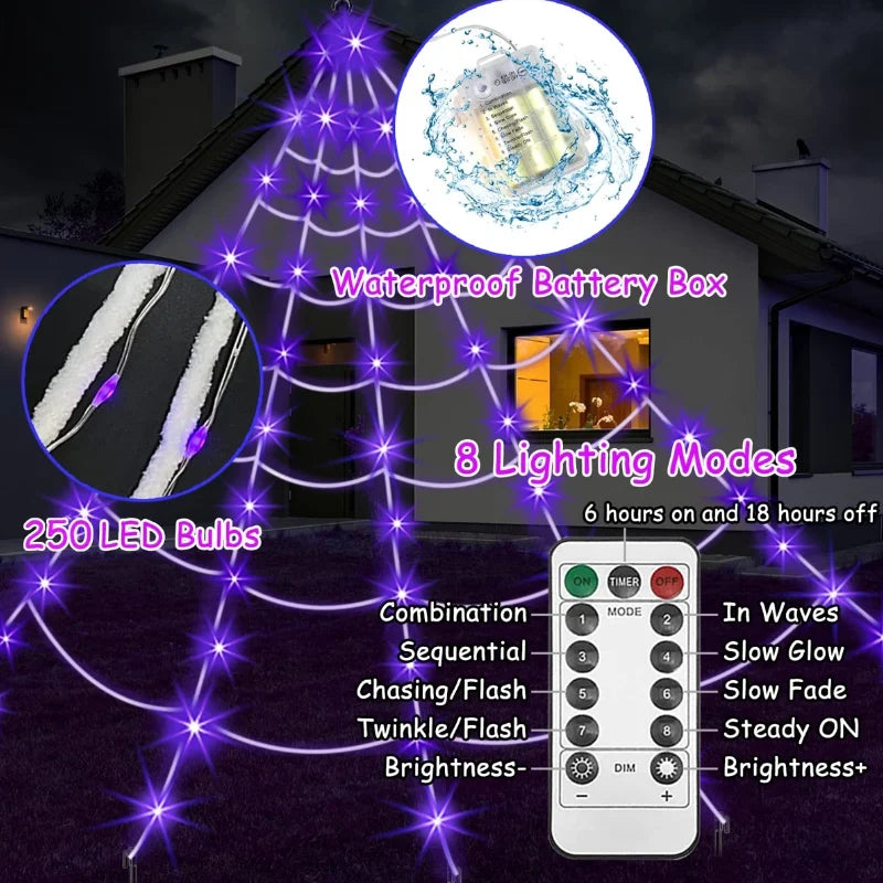 250/455 LED 8 Modes Halloween Spider Web Lights with 150/200/500cm Scary Spider Waterproof Spider Net Party Decoration