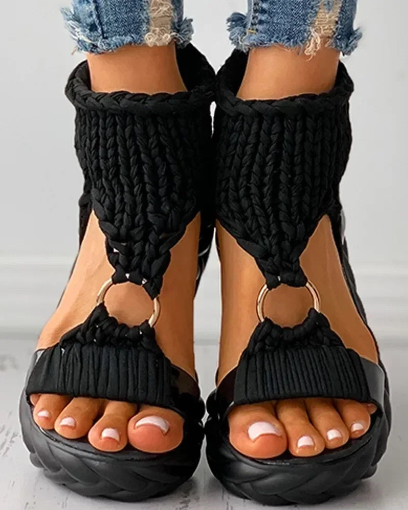 Sandals Women's Braided Knit O-Ring Cutout Platform Summer Gladiator Sandals Shoes Thick Heels Ladies White Sandalias Casual