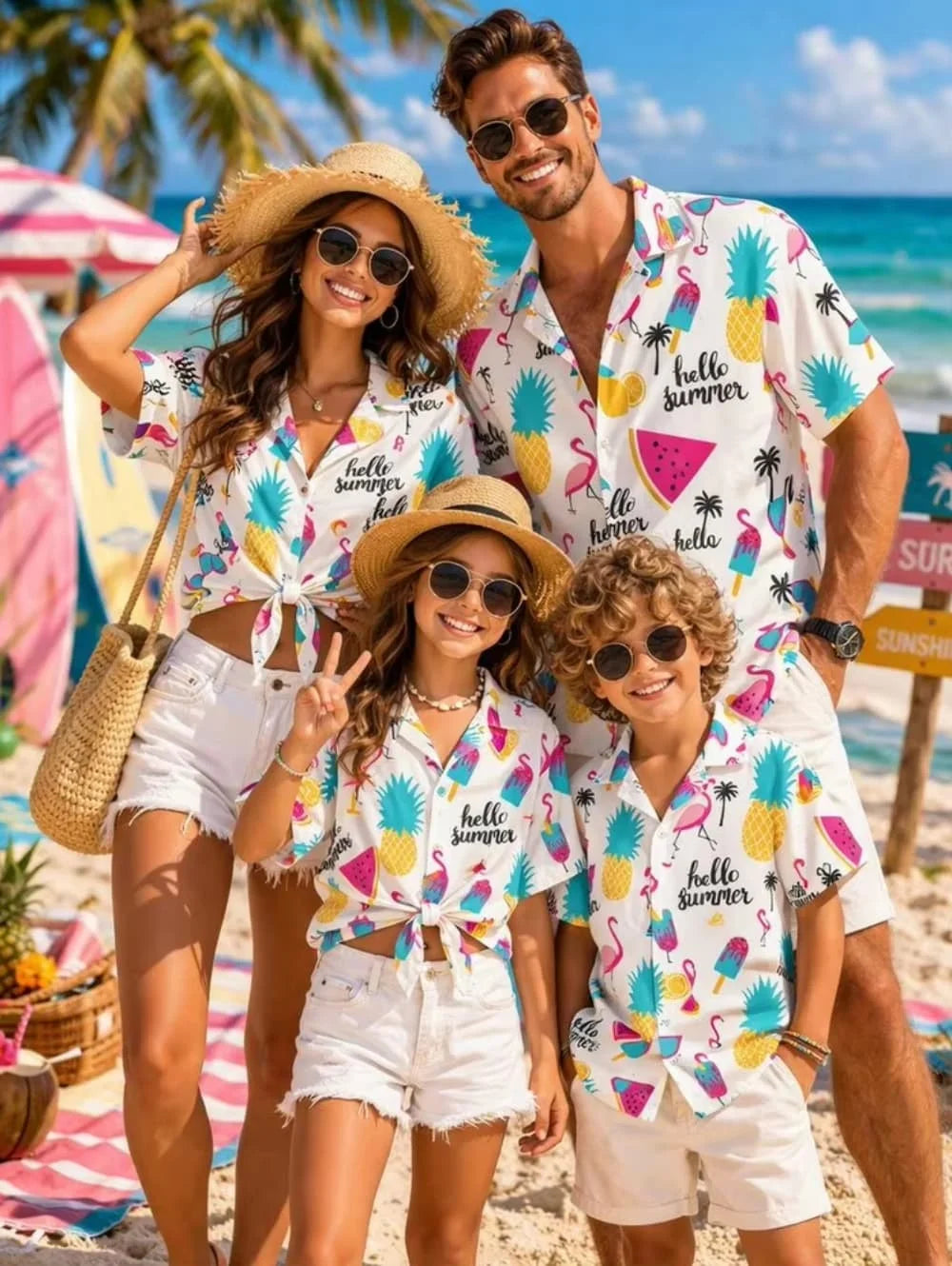 Hawaiian Children's Shirt Plant Flower Pattern Print Family Dress Blue Green Vacation Beach Parent Child Shirt Men's Sports Top