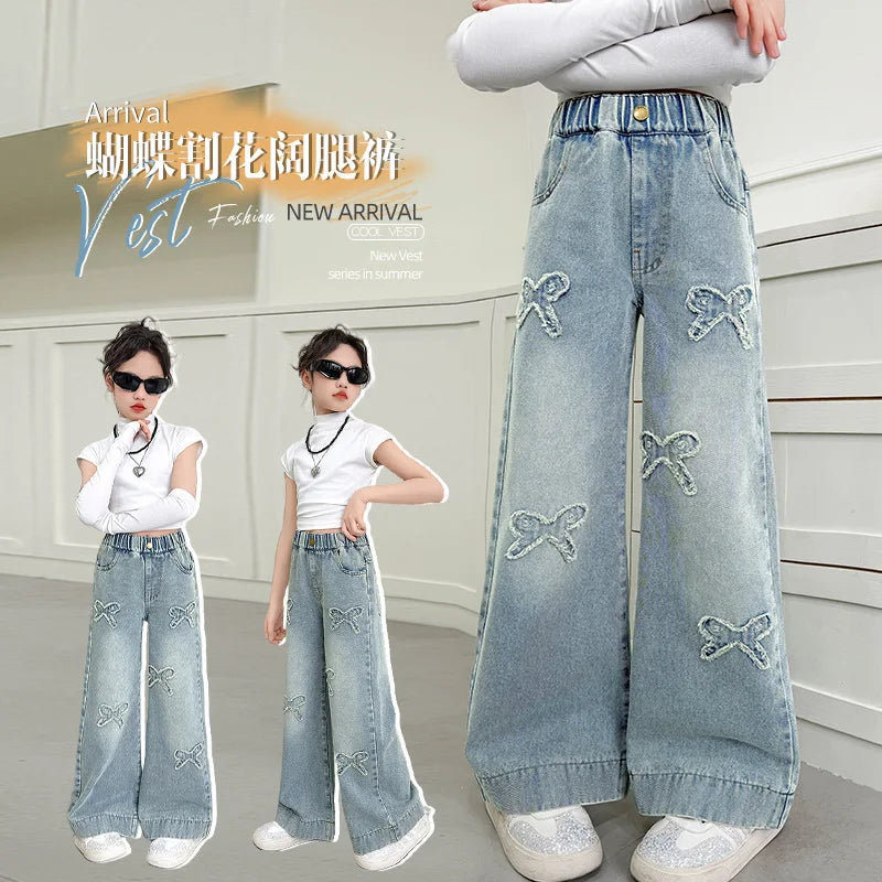American Retro Kids Baggy Jeans with Bows For Girls Fashion Stretch Elastic Waist Denim Pants Child Wide Leg Jeans Trousers 5-14